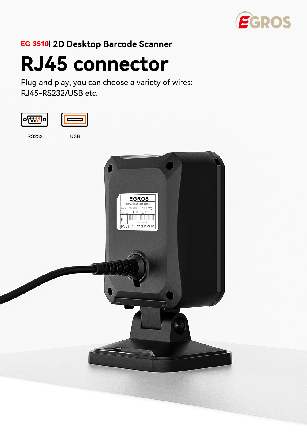 2D Barcode Scanner Tabletop with USB Interface,Black EGROS EG3015 - Image 3